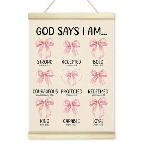 LWBEO God Says I Am Bows Posteraufhängerrahmen, christliche Bibelversen, Holz-Leinwand-Kunstdruck, rosa Schleife, positive Wandkunst für Kinderzimmer, Mädchenzimmer, Badezimmer, Schlafzimmer LWBEO God Says I Am Bows Posteraufhängerrahmen, christliche Bibelversen, Holz-Leinwand-Kunstdruck, rosa Schleife, positive Wandkunst für Kinderzimmer, Mädchenzimmer, Badezimmer, Schlafzimmer von LWBEO