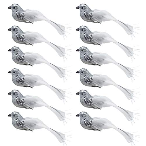 LWINGFLYER Glitter Künstliche Vögel Pailletten Clip auf Vogel Ornamente für Weihnachtsbaum Hochzeit Kranz Handwerk (Silber, 12) von LWINGFLYER