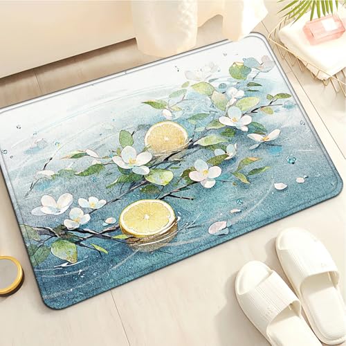 Badematte rutschfest Zitrone Und Blumen Badezimmerteppich Groß,Badteppich rutschfest Waschbar,Teppich Badezimmer Dicker Mikrofaser, Duschvorleger Saugfähige,Badvorleger Deko Fussmatte von LWLFC