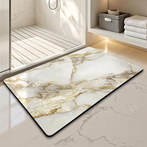 Badezimmerteppich 40X60Cm Goldener Marmor Badteppich rutschfest Waschbar,Duschvorleger Schnelltrocknend,Stein Badematte,Diatomite Stone Bath Mat,Super Absorbierende Badvorleger von LWLFC