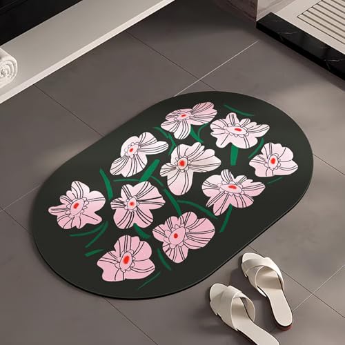 Badezimmerteppich 40X60Cm Rosa Blumen Badteppich rutschfest Waschbar,Duschvorleger Schnelltrocknend,Stein Badematte,Diatomite Stone Bath Mat,Super Absorbierende Badvorleger von LWLFC