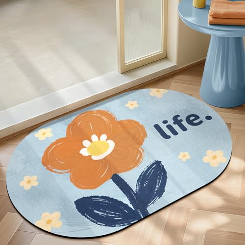 Badezimmerteppich 50X80Cm Blaue Blume Badteppich rutschfest Waschbar,Duschvorleger Schnelltrocknend,Stein Badematte,Diatomite Stone Bath Mat,Super Absorbierende Badvorleger von LWLFC