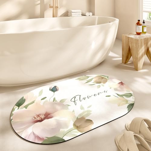 Badezimmerteppich 50X80Cm Blumen Badteppich rutschfest Waschbar,Duschvorleger Schnelltrocknend,Stein Badematte,Diatomite Stone Bath Mat,Super Absorbierende Badvorleger von LWLFC