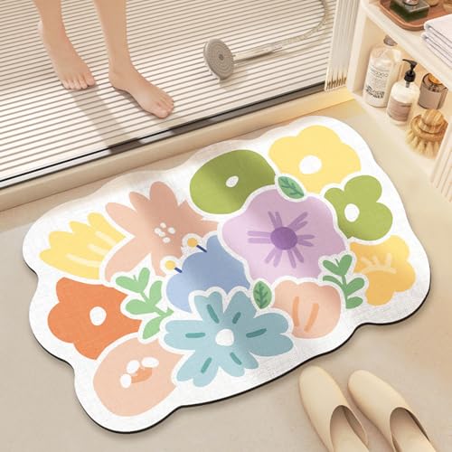 Badezimmerteppich 50X80Cm Blumen Badteppich rutschfest Waschbar,Duschvorleger Schnelltrocknend,Stein Badematte,Diatomite Stone Bath Mat,Super Absorbierende Badvorleger von LWLFC