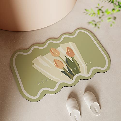 Badezimmerteppich 60X90Cm Grüne Tulpen Badteppich rutschfest Waschbar,Duschvorleger Schnelltrocknend,Stein Badematte,Diatomite Stone Bath Mat,Super Absorbierende Badvorleger von LWLFC