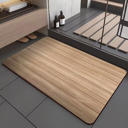Badezimmerteppich 60X90Cm Holz Badteppich rutschfest Waschbar,Duschvorleger Schnelltrocknend,Stein Badematte,Diatomite Stone Bath Mat,Super Absorbierende Badvorleger von LWLFC