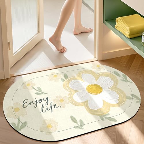 Badezimmerteppich Blumen Badteppich rutschfest Waschbar,Duschvorleger Schnelltrocknend,Stein Badematte,Diatomite Stone Bath Mat,Super Absorbierende Badvorleger von LWLFC