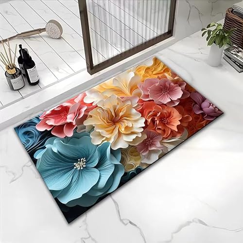 Badezimmerteppich Bunte Lotusblumen Badteppich rutschfest Waschbar,Duschvorleger Schnelltrocknend,Stein Badematte,Diatomite Stone Bath Mat,Super Absorbierende Badvorleger von LWLFC