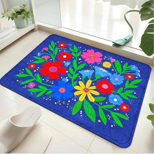 Badezimmerteppich Cartoon Blumen Badematte rutschfest Flauschig,Badteppich Waschbar,Teppich Badezimmer, Weiche Mikrofaser Bad Teppich,Bathroom Mat von LWLFC