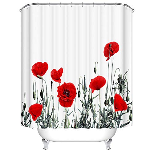 LWLFC Duschvorhang 180X180 Mohnblumen Duschvorhang Anti-Schimmel und Wasserabweisend Shower Curtain, Duschvorhänge mit 12 Haken,Duschvorhang Textil Waschbar,Polyester von LWLFC