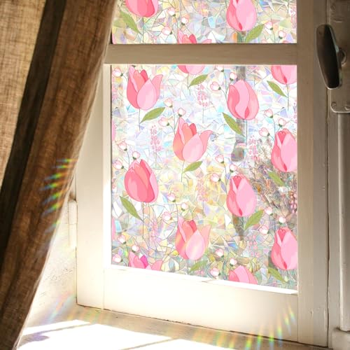 Fensterfolie Blickdicht 40x100cm Rosa Tulpe Sichtschutzfolie Fenster Selbsthaftend,Milchglasfolie Anti-Uv,Folie Fenster Sichtschutz,Fenster Folie Blickschutz,Blickdichte Fensterfolie von LWLFC