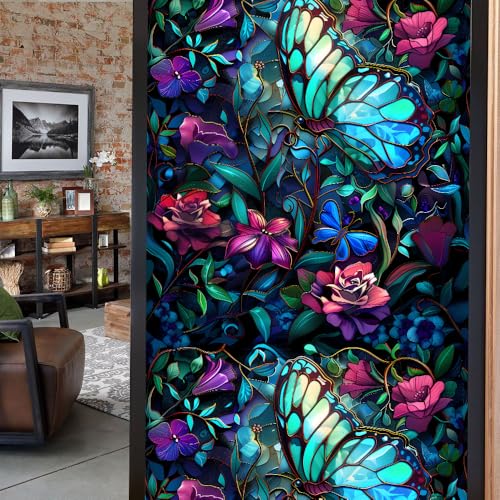 Fensterfolie Blickdicht 45X100CM Blaue Lila Blumen Fensterfolie Selbsthaftend Fenster Folie Blickschutz Sichtschutz Fenster Sichtschutz Sichtschutzfolie Fenster innen Blickdicht Uv-Schutz（1 Stück） von LWLFC