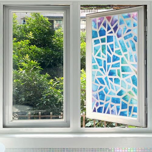 LWLFC Fensterfolie Blickdicht 45x100cm Blaue Geometrie Sichtschutzfolie Fenster Selbsthaftend,Milchglasfolie Anti-Uv,Folie Fenster Sichtschutz,Blickdichte Fensterfolie von LWLFC