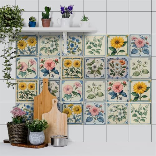 Fliesenaufkleber 10X10CM Blumen Klebefliesen Küche Selbstklebende Fliesen,Fliesenaufkleber Bad Küche,Fliesen Selbstklebend,Wasserdicht Küchenfliesen Überkleben von LWLFC