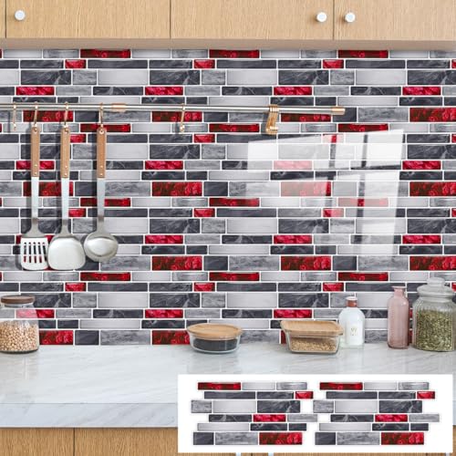 Fliesenaufkleber 12X24CM Rot Grau Klebefliesen Küche Selbstklebende Fliesen,Fliesenaufkleber Bad Küche,Fliesen Selbstklebend,Wasserdicht Küchenfliesen Überkleben von LWLFC