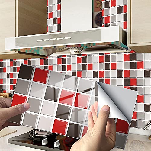 Fliesenaufkleber Bad 10x20 CM Grau Rot Schwarz 3D Selbstklebende Deko Wandaufkleber Fliesensticker für Küche und Badzimmer Vinyl Selbstklebend Wasserdichtküchenrückwand（24 Stück） von LWLFC