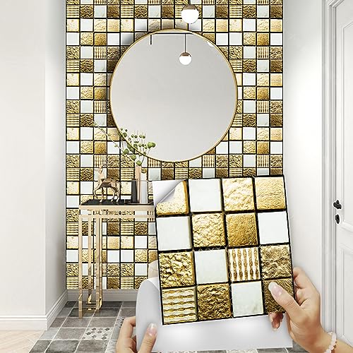Fliesenaufkleber Bad 15x15 CM Gold Weiß 3D Selbstklebende Deko Wandaufkleber Fliesensticker für Küche und Badzimmer Vinyl Selbstklebend Wasserdichtküchenrückwand（10 Stück） von LWLFC