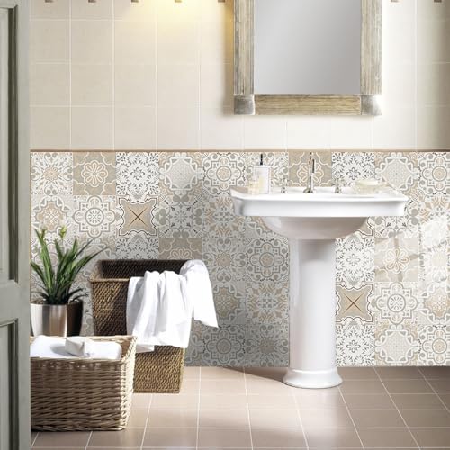 Fliesenaufkleber Bad 15x15 CM Grau Beige 3D Selbstklebende Deko Wandaufkleber Fliesensticker für Küche und Badzimmer Vinyl Selbstklebend Wasserdichtküchenrückwand（10 Stück） von LWLFC