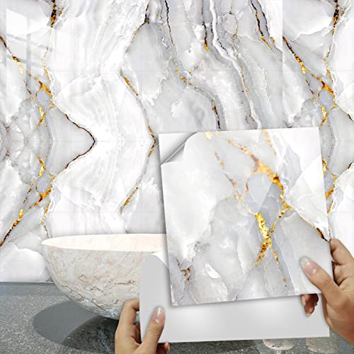 Fliesenaufkleber Bad 30x30 CM Goldener Marmor 3D Selbstklebende Deko Wandaufkleber Fliesensticker für Küche und Badzimmer Vinyl Selbstklebend Wasserdichtküchenrückwand（10 Stück） von LWLFC