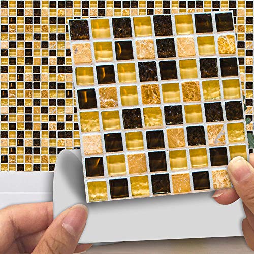 Fliesenaufkleber Bad Ornament Gelb Schwarz 10 Stück Klebefliesen Küchenrückwand Folie Selbstklebende Fliesen Fliesenaufkleber Küche Badezimmer Fliesenfolie Vinyl Fliesen Selbstklebend Wasserdicht von LWLFC