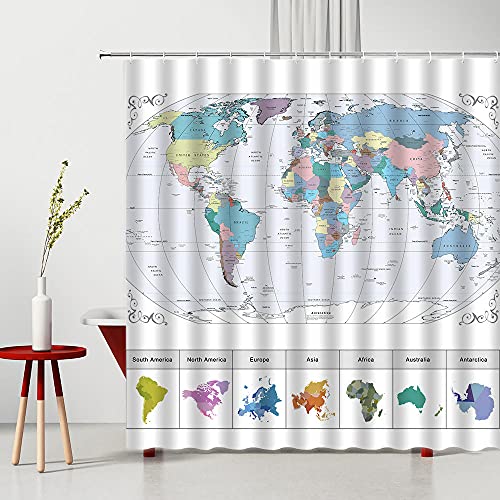 LWLFC Duschvorhang 180X180 Weltkarte Duschvorhang Anti-Schimmel und Wasserabweisend Shower Curtain, Duschvorhänge mit 12 Haken,Duschvorhang Textil Waschbar,Polyester von LWLFC