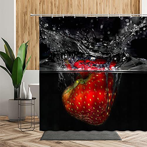 LWLFC Duschvorhang 180X200 Schwarze Erdbeere Duschvorhang Anti-Schimmel und Wasserabweisend Shower Curtain, Duschvorhänge mit 12 Haken,Duschvorhang Textil Waschbar,Polyester von LWLFC