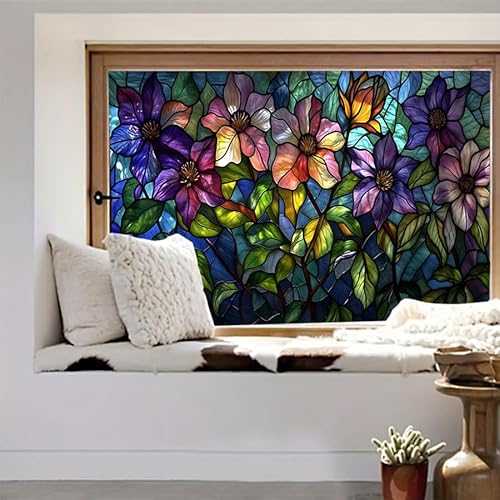 LWLFC Fensterfolie Blickdicht 45x100cm Blaue Lila Blumen Folie Fenster Sichtschutz, Selbsthaftend, Sichtschutzfolie Fenster Innen, Anti-Uv von LWLFC