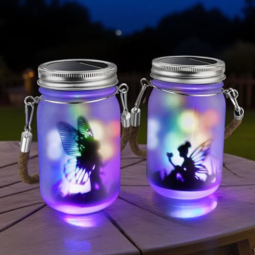 Solarlaterne für Außen,2 Stück Schmetterlingsfee im Einmachglas Garten Deko,Solarlaterne für Außen Hängend,Gartendeko für Draußen,IP44 Gartenleuchten Solar,Color LED Laterne Solar Außen Wetterfest von LWMTT