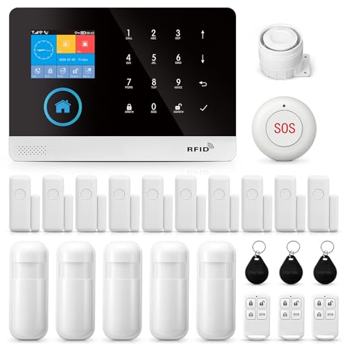 LWOHSI Home Security Alarmanlage WIFI+GSM Alarmanlage DIY Alarm Kit mit PIR-Detektor, Fernbedienungen, Tür-/Fenster-Sensor kompatibel mit Alexa, KEINE monatliche Gebühr, PG103-2GEU-F von LWOHSI