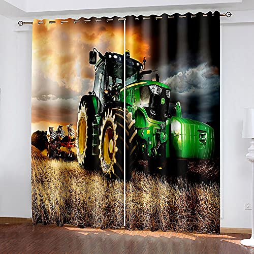 LWXBJX Blickdicht Vorhang für Schlafzimmer Wohnzimmer - Grün Traktor Bauernhof - 3D Druckmuster Öse Thermisch isoliert - 150 x 166 cm - 90% Blickdicht Vorhang für Kinder Jungen Mädchen Spielzimmer von LWXBJX