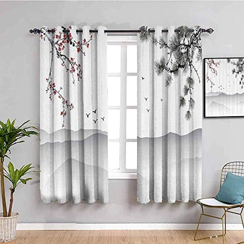 LWXBJX Blickdicht vorhang für Schlafzimmer - Chinesischer Stil Tinte und Waschung Pflaumenblüte Landschaft - 3D Druckmuster Öse thermisch isoliert - 200 x 214 cm - 90% blickdicht vorhang für Kinder Ju von LWXBJX