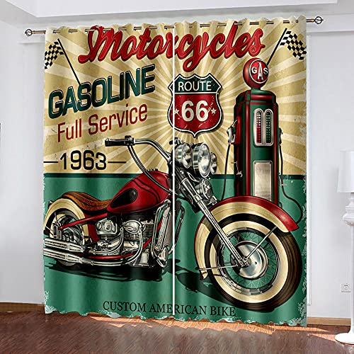 LWXBJX Vorhang Blickdicht für Schlafzimmer Wohnzimmer - Farbe Retro Motorrad - 3D Druckmuster Öse Thermisch isoliert - 200 x 214 cm - 90% Blickdicht Vorhang für Kinder Jungen Mädchen Spielzimmer von LWXBJX