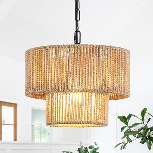LWYTJO Hängelampe Rattan 2-Stufig, Pendelleuchte Esstisch Boho, Rattan Lampenschirm Hängelampe Esstisch, E27 Boho Esszimmerlampe Hängend für Schlafzimmer Wohnzimmer Kronleuchter Twine von LWYTJO