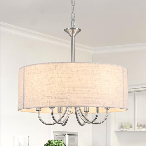 LWYTJO 6 Flammig Pendelleuchte Stoffschirm, Weiß Lampenschirm Hängelampe Kronleuchter Modern Hängend für Esstisch, Wohnzimmer, Schlafzimmer(Nickel, Ø 46cm) von LWYTJO
