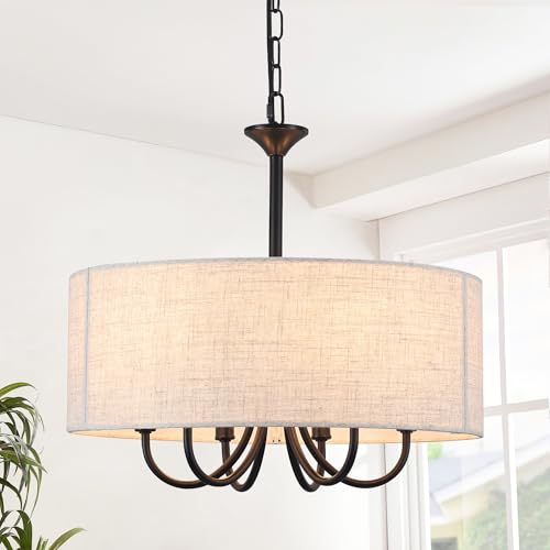 LWYTJO Hängelampe mit Stoffschirm, 6-Licht Weiß Lampenschirm Hängelampe, Ø 46cm Deckenlampe Schlafzimmer Hängend, Pendelleuchte für Esstisch, Schlafzimmer, Wohnzimmer, Küche-Schwarz von LWYTJO