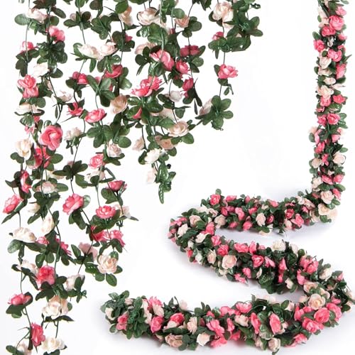 Blumengirlande Hochzeit, 4 Stück Künstliche Rosen Girlande 15.8FT Seidenblumen Rosengirlande Hängend Rebe für Hochzeitsbogen Party Garten Mauer Dekor (Frühlingsrosa) von LWuuywa