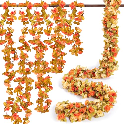 8 Stück Künstliche Rosen Girlande 2,45 M Herbstblätter Seidenblumen Rosengirlande Hängend Rebe für Hochzeitsbogen Party Garten Mauer Dekor (Herbstgelb-8pcs) von LWuuywa