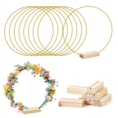 LWuuywa 8 Stück Metallring zum Basteln, 30cm Tafelaufsätze Makramee Ringe mit Holz Kartenhalter DIY Kranz Handwerk Traumfänger für Hochzeitskranzdekor und Wandbehang (golden Ring) von LWuuywa