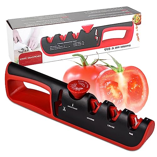 Manuelle Messerschärfer, 4 in 1 Messerschleifer mit Einstellbaren Winkelknopf 4 Stufen Sharpener mit Ergonomischer Griff Küchenmesserschärfer für Chefkoch Zuhause Küche (Rot) von LWuuywa