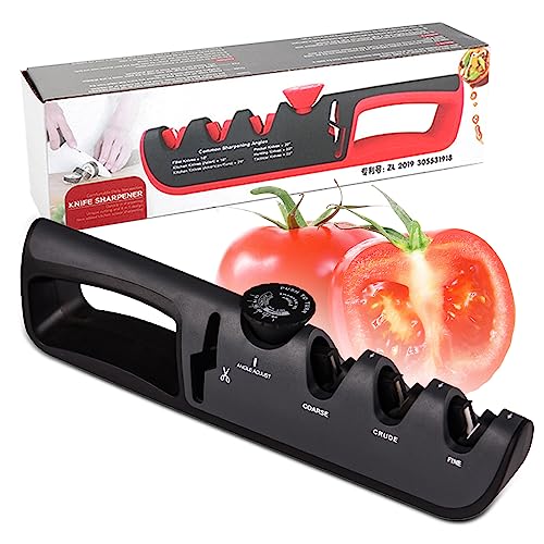 Messerschärfer, 4 in 1 Manuelle Messerschleifer mit Einstellbaren Winkelknopf 4 Stufen Sharpener mit Ergonomischer Griff Küchenmesserschärfer für Chefkoch Zuhause Küche (Schwarz) von LWuuywa