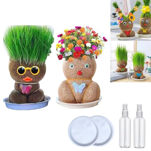 LXCJZY Grass Head Doll, Grass Head Plant Growing in Mini Bonsai Pot, Cat Grass Doll, Cultivate Children’s Planting Ability, Plant with Trays & Spray Bottles (Glasses + Blossom Doll) von LXCJZY