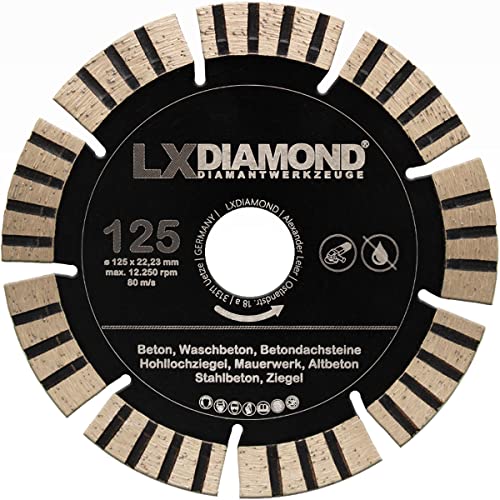 LXDIAMOND Diamant-Trennscheibe 125mm x 22,23mm Premium 13mm Segmente passend für Beton Stahlbeton Waschbeton Universal Diamantscheibe für Winkelschleifer 125 mm LXDIAMOND Diamant-Trennscheibe 125mm x 22,23mm Premium 13mm Segmente passend für Beton Stahlbeton Waschbeton Universal Diamantscheibe für Winkelschleifer 125 mm von LXDIAMOND
