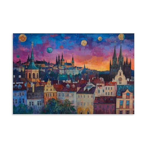 Exquisiter Leinwand-Kunstdruck, surrealistisches Stadtbild, Poster mit bunten Gebäuden und Himmelskörpern, moderne Familie, für Wohnzimmer-Dekoration, 30 x 45 cm von LXDSTK