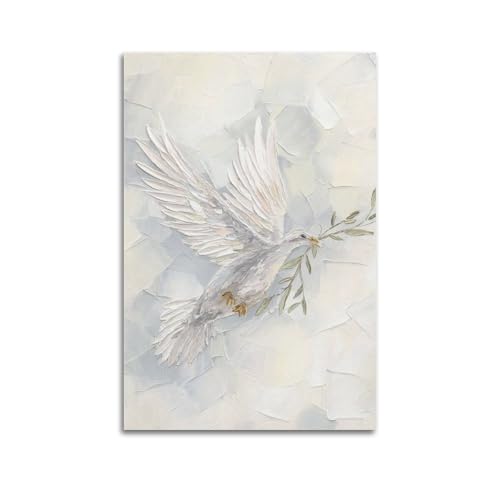 LXDSTK Moderne Familienposter, Wandkunst, Schlafzimmer-Dekor, christliche Poster, Taube mit Olivenzweig auf strukturiertem weißem Hintergrund, Poster, Leinwanddrucke, Kunstwerk, 60 x 90 cm von LXDSTK