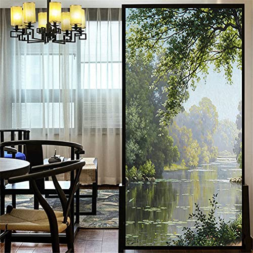 LXDWEI Dekorative Fensterfolie Sichtschutz Wald Bach Landschaft Ölgemälde statische Haftung Fensteraufkleber kein Kleber Milchglasverkleidungen Fenstertönung 52x80 cm von LXDWEI