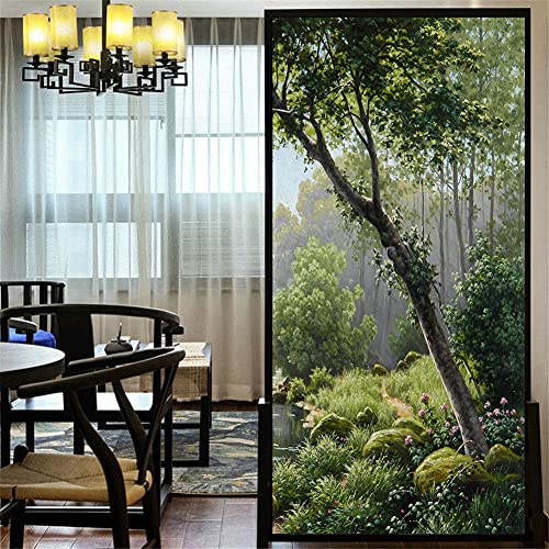 LXDWEI Dekorative Fensterfolie Sichtschutz Waldbach-Landschaft Ölgemälde statisch haftende Fensteraufkleber kein Kleber mattierte Fensterverkleidungen Fenstertönung 100x120 cm von LXDWEI