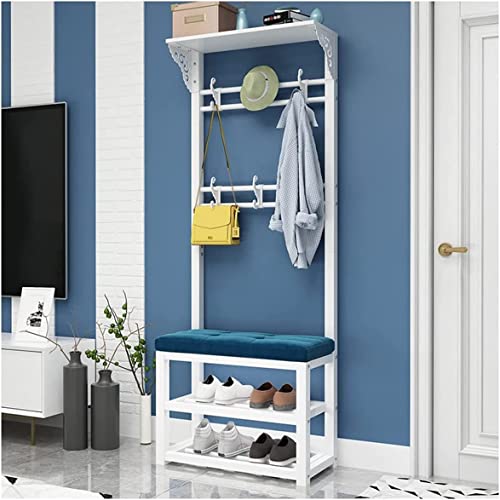 Eingangsgarderobe Aufbewahrungsbank mit Kissensitz, 2-stöckiger Schuhschrank, ideal für Wohnzimmer oder Schlafzimmer, Weiß mit blauem Tuch, funktionales und stilvolles Design von LXJBBD
