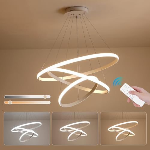 Moderne LED Pendelleuchte Esstisch, 3 Ringe Küchenlampe Hängend Dimmbar 3000K-6000K, Höhenverstellbar Hängelampe Wohnzimmer, 50W Linear Design Pendellampe für Esszimmer, Wohnzimmer, Küche von LXJCSM