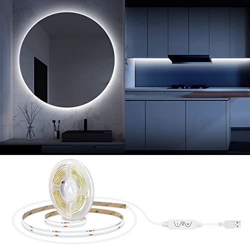 COB LED Streifen 6000K Kaltweiß, 2M 640LEDs Dimmbar Flexibles LED Mirror Light, CRI90+ Hohe Helligkeit TV Hintergrundbeleuchtung,5V USB Biegbares Unterbauleuchte für Küche Schlafzimmer Home Party DIY von LXLQZXW