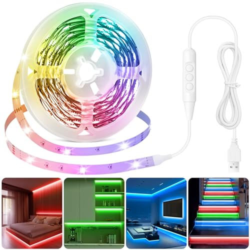 LED Strip 5M, Dimmbare 5050 RGB LED Streifen mit 3-Tasten Controller, USB Flexibles Selbstklebendes LED Lichtband, Zuschneidbare DIY Farbwechsel LED Leiste für Schlafzimmer Küche Spielzimmer Party von LXLQZXW